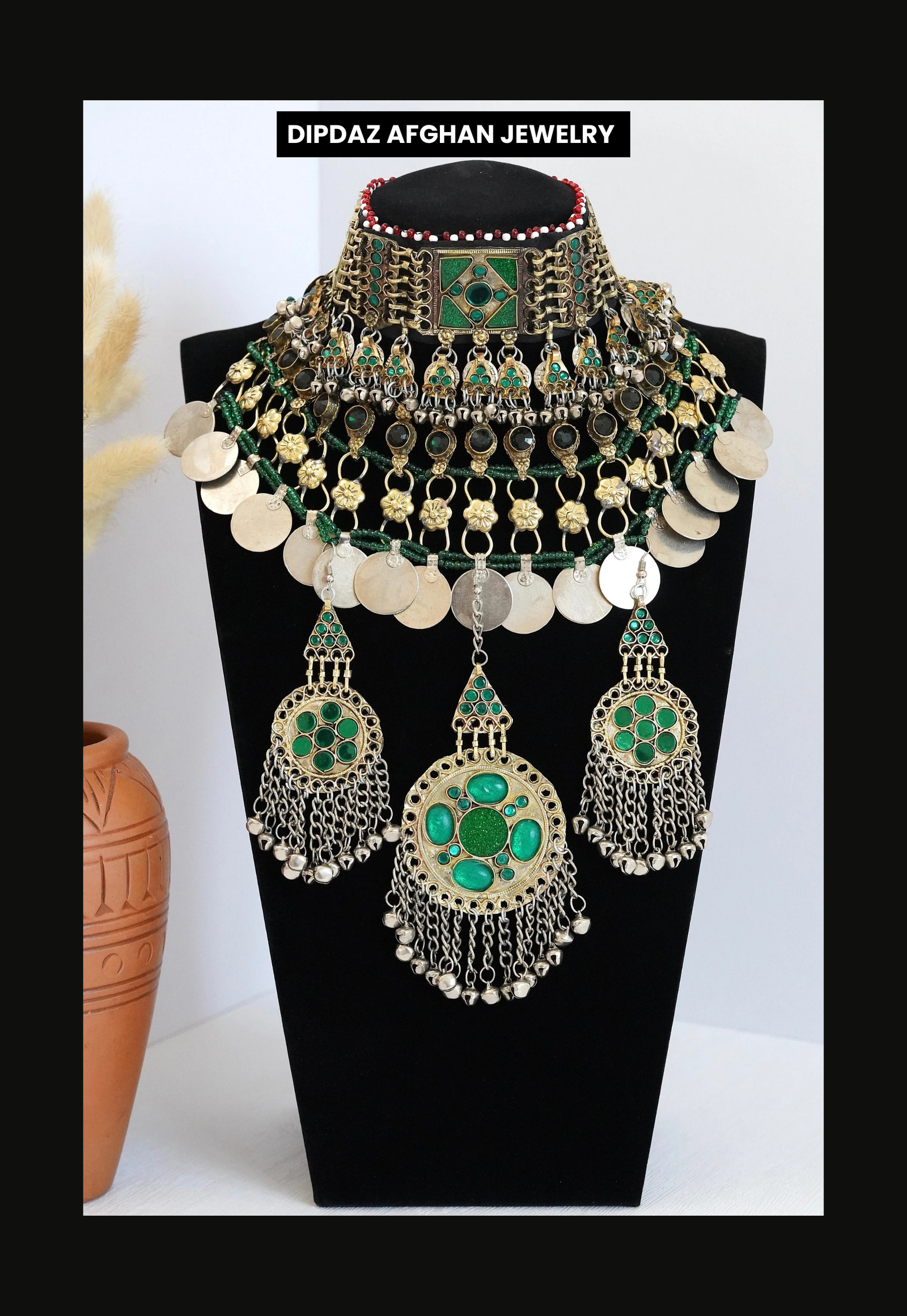 Handmade Afghan Jewelry | Traditional Ethnic Jewelry with Intricate Embroidery and Gemstones | Afghan Tribal Necklace, Earrings, and Bracelets | Unique Cultural Accessories