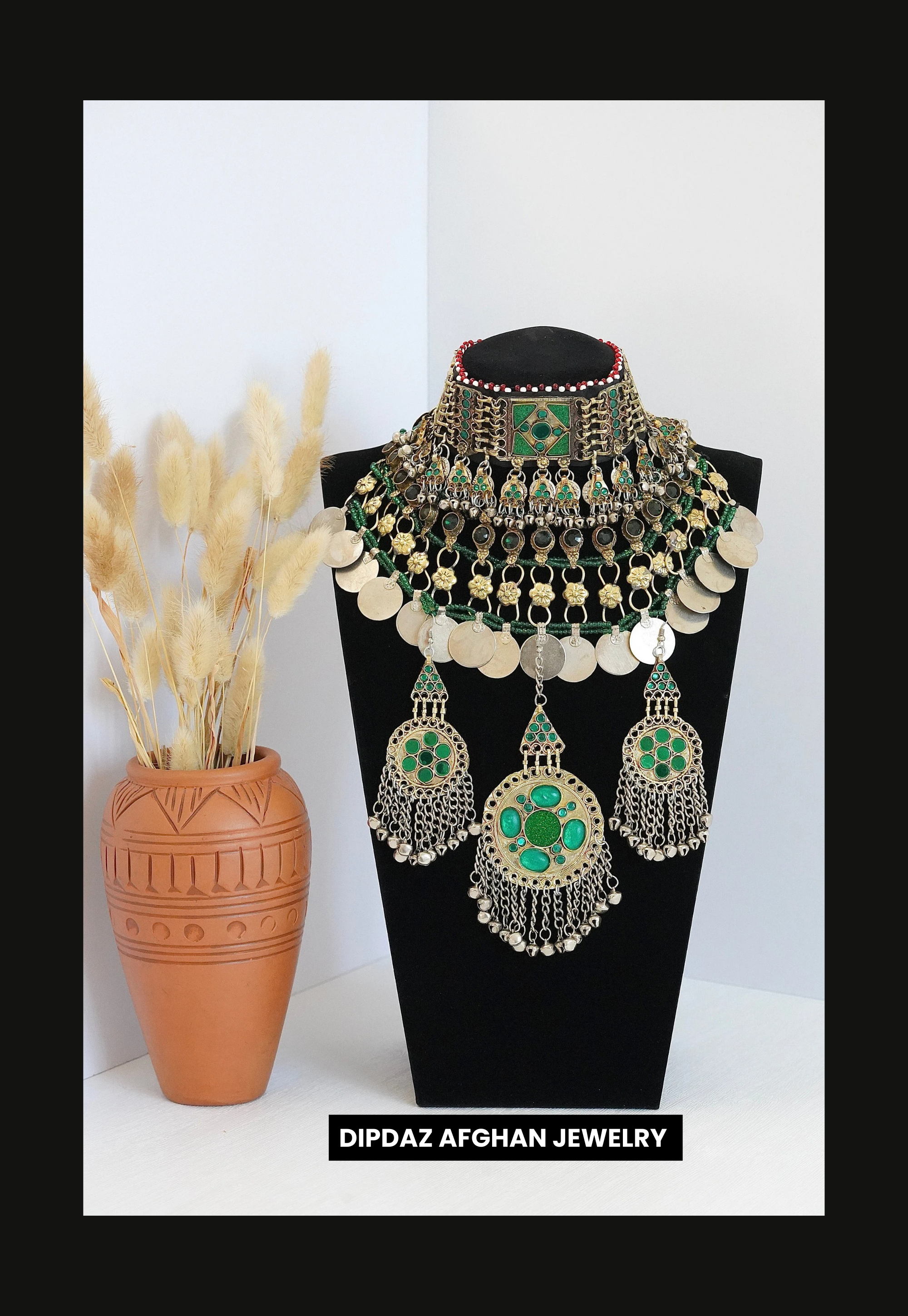 Handmade Afghan Jewelry | Traditional Ethnic Jewelry with Intricate Embroidery and Gemstones | Afghan Tribal Necklace, Earrings, and Bracelets | Unique Cultural Accessories