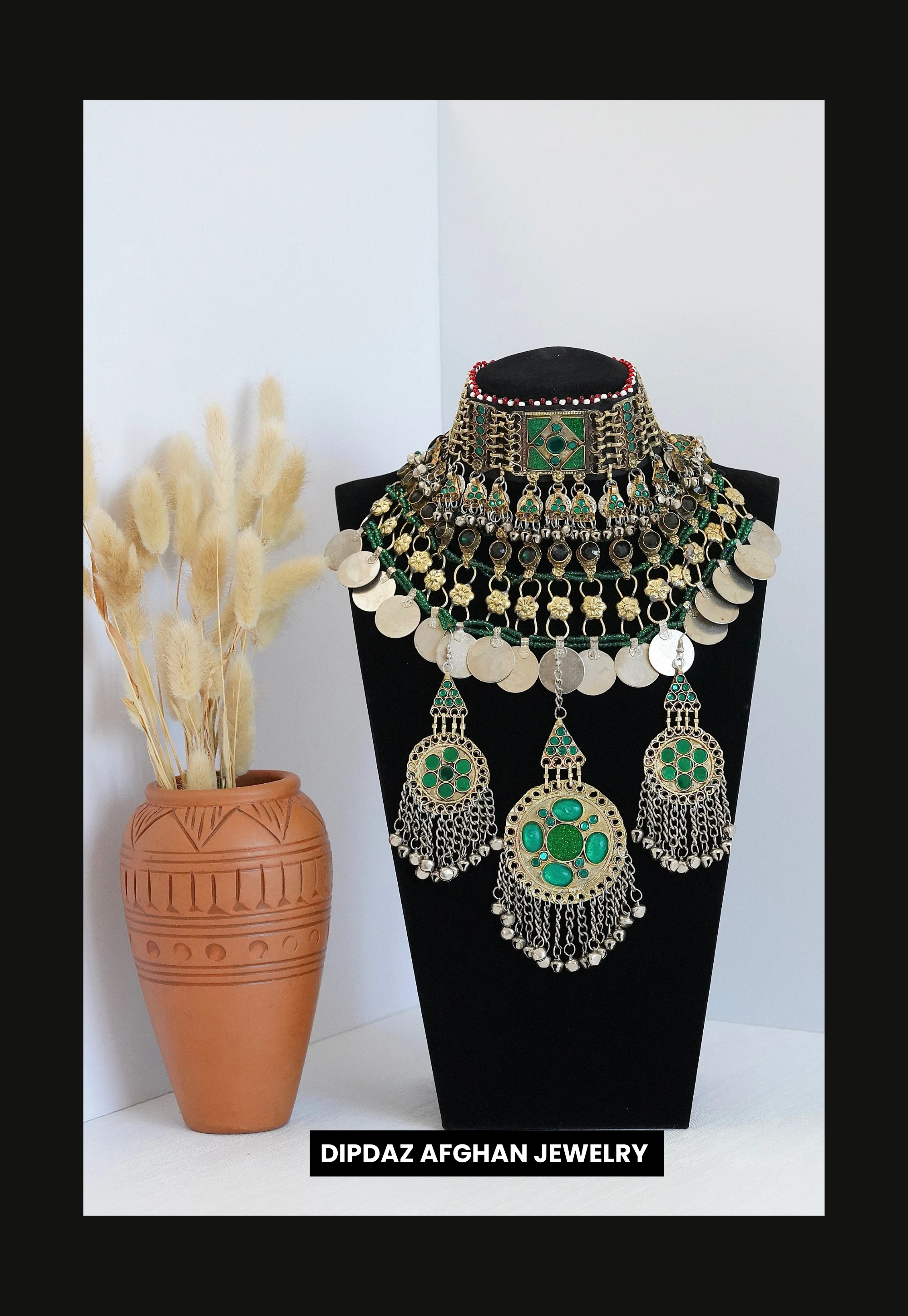 Handmade Afghan Jewelry | Traditional Ethnic Jewelry with Intricate Embroidery and Gemstones | Afghan Tribal Necklace, Earrings, and Bracelets | Unique Cultural Accessories