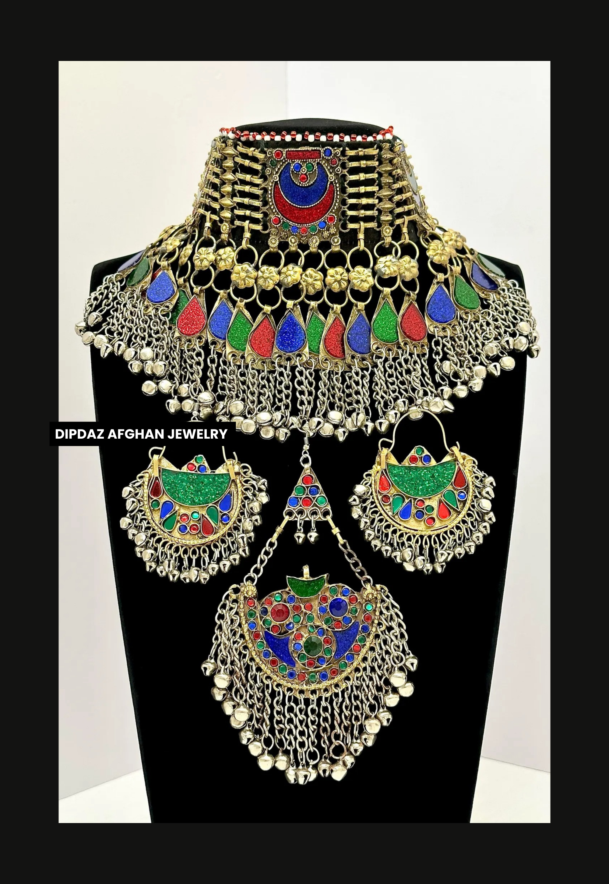 Handmade Afghan Jewelry | Traditional Ethnic Jewelry with Intricate Embroidery and Gemstones | Afghan Tribal Necklace, Earrings, and Bracelets | Unique Cultural Accessories