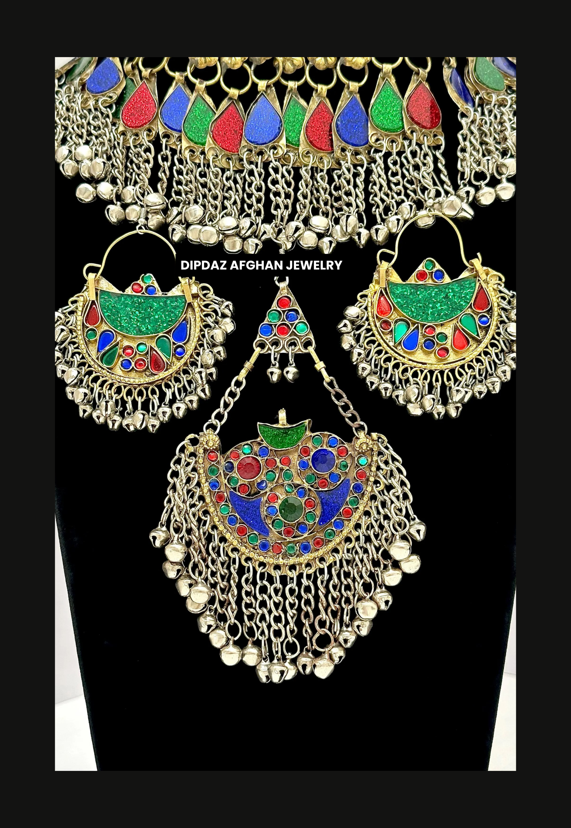 Handmade Afghan Jewelry | Traditional Ethnic Jewelry with Intricate Embroidery and Gemstones | Afghan Tribal Necklace, Earrings, and Bracelets | Unique Cultural Accessories