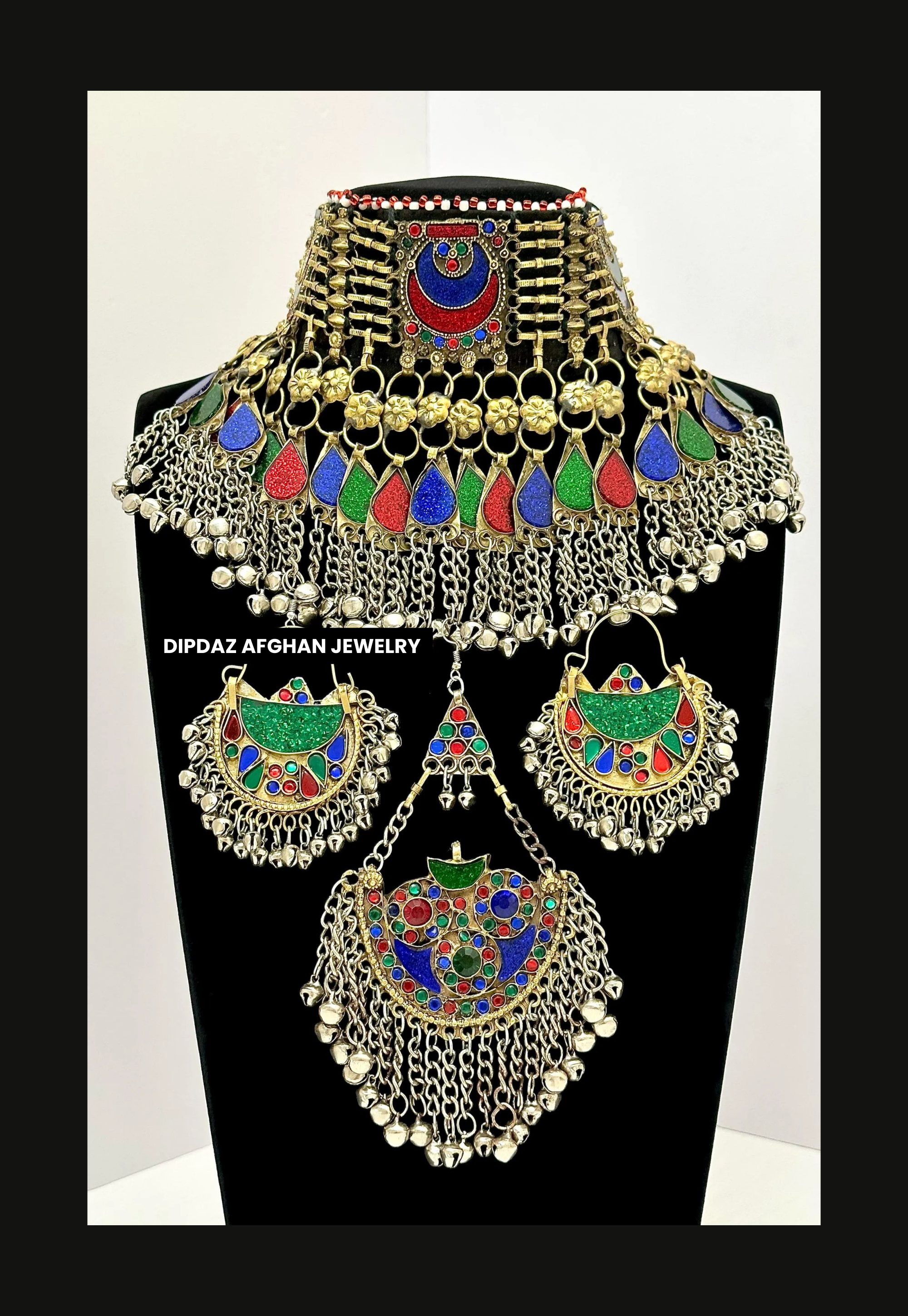 Handmade Afghan Jewelry | Traditional Ethnic Jewelry with Intricate Embroidery and Gemstones | Afghan Tribal Necklace, Earrings, and Bracelets | Unique Cultural Accessories