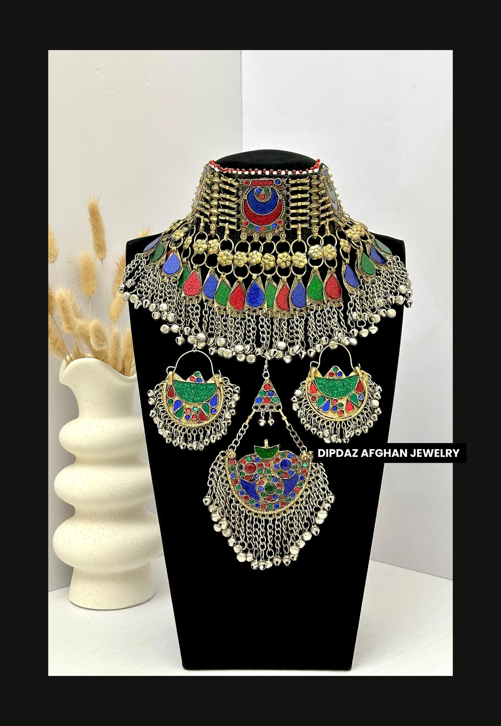 Handmade Afghan Jewelry | Traditional Ethnic Jewelry with Intricate Embroidery and Gemstones | Afghan Tribal Necklace, Earrings, and Bracelets | Unique Cultural Accessories